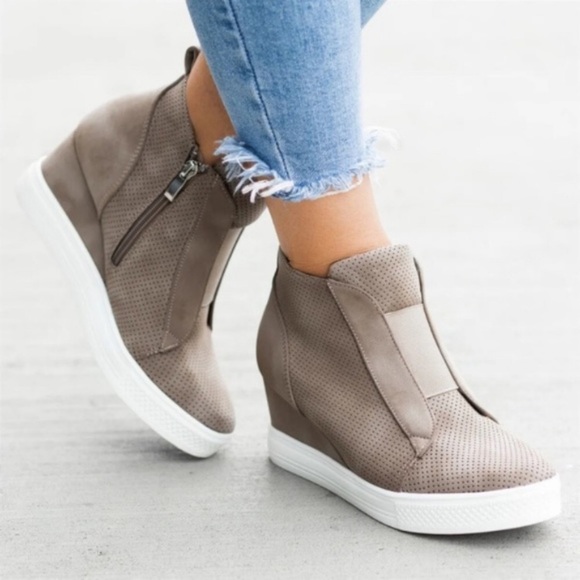 A Mermaid's Epiphany Shoes - Tegan | Faux Suede Pinhole Wedge Sneakers | Taupe